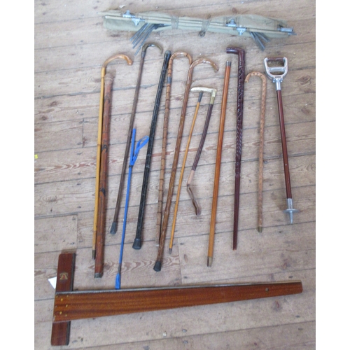 370 - A collection of walking sticks, some with silver mounts, some carved, together with a swagger stick,... 