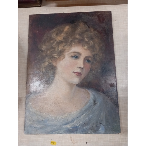 381 - A Victorian portrait, oil on board , of a lady, signed Maud Lovelll de.. 18ins x 15ins