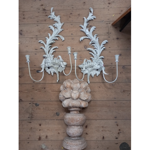 390 - A pair of wall sconces and a carving