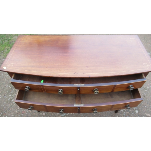 55 - A 19th century mahogany bow front sidetable, with satinwood line inlay, fitted with two drawers, on ... 