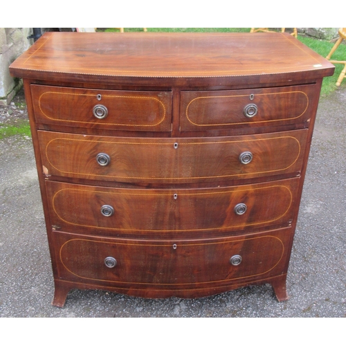 59 - An Edwardian mahogany bow front chest, of two short over three long drawers, with chequer band line ... 