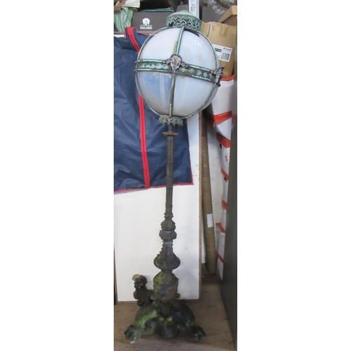 7 - An metal garden lamp post, with ball shade, height 71ins