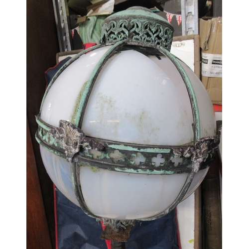 7 - An metal garden lamp post, with ball shade, height 71ins