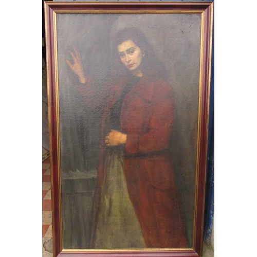 91 - Thomson, oil on board, three quarter length portrait of a woman, 47ins x 27ins