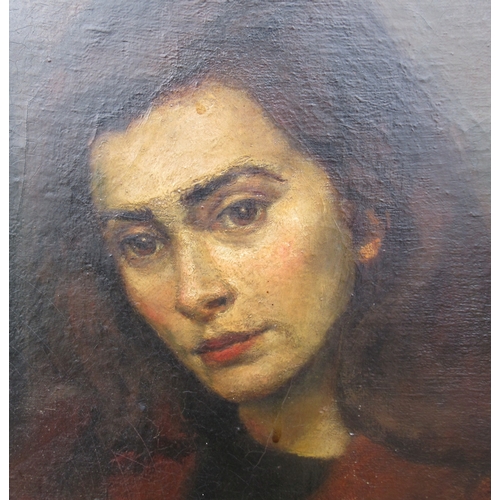 91 - Thomson, oil on board, three quarter length portrait of a woman, 47ins x 27ins