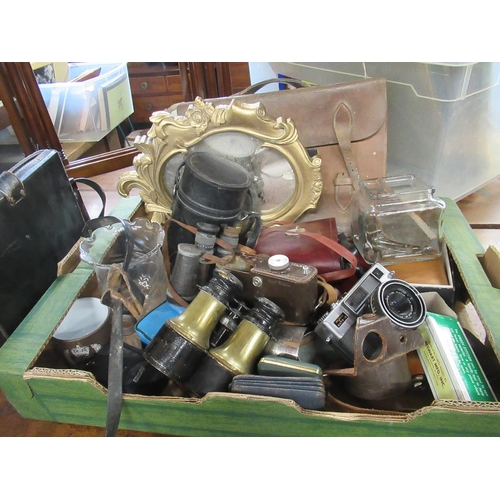 423 - A collection of 19th century and later binoculars, cameras, Fujica-Auto M ,clocks etc