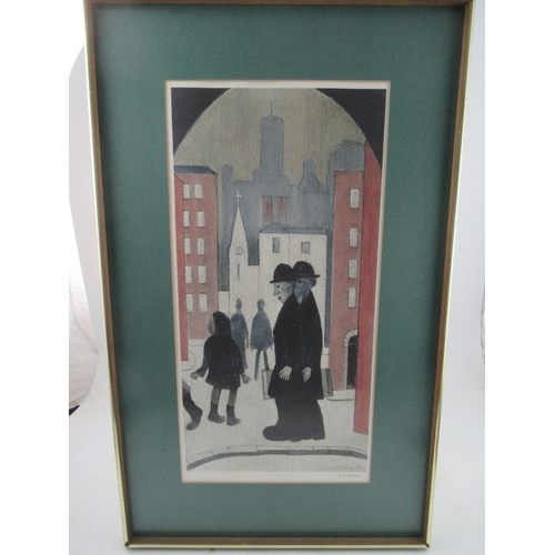 104 - L.S. Lowry (1865-1913), signed print, two gentleman and other figures beyond with buildings, framed ... 