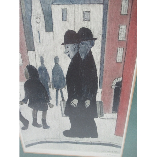 104 - L.S. Lowry (1865-1913), signed print, two gentleman and other figures beyond with buildings, framed ... 