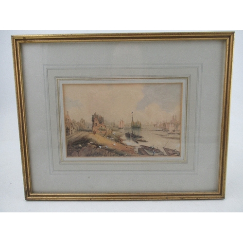 113 - A 19th century watercolour, in the manner of Skelton, a continental river scene with buildings and v... 