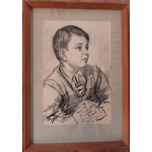 116 - Dame Laura Knight, charcoal, portrait of a boy, David Levitt, 1956, 19ins x 12.5ins (D)