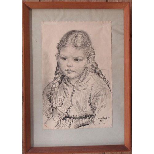 117 - Dame Laura Knight, charcoal, portrait of a girl Ruth Levitt, 1957, 19ins x 12.5ins (D)