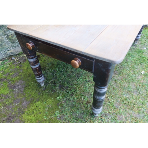 21 - A 19th century pine scrub top kitchen table, fitted with frieze drawer, 61ins x 36ins