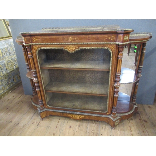 28 - A late 19th century burr walnut credenza with central glazed door flanked by quarter open shelves wi... 