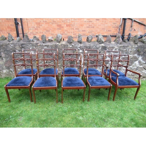 35 - A set of ten rope back dining chairs, with brass stud line inlay and rosette pierced ladder back