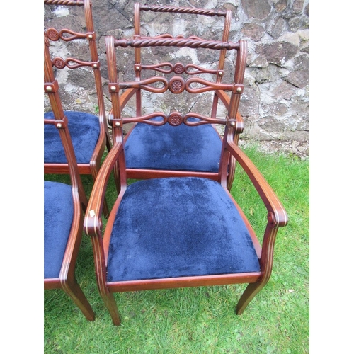 35 - A set of ten rope back dining chairs, with brass stud line inlay and rosette pierced ladder back