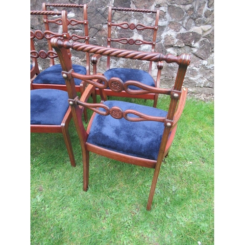 35 - A set of ten rope back dining chairs, with brass stud line inlay and rosette pierced ladder back