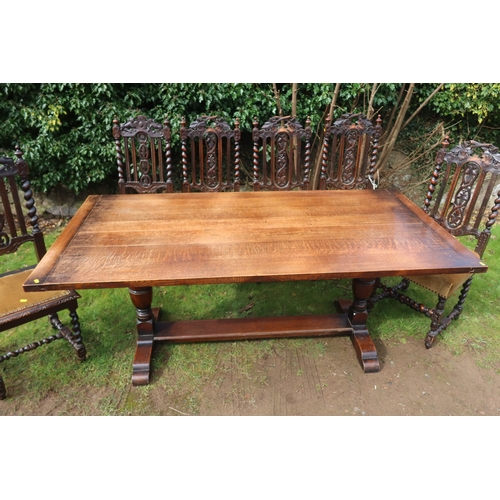 39 - An oak dining table, 72ins x 36ins, height 29ins, together with a set of six carved oak dining chair... 