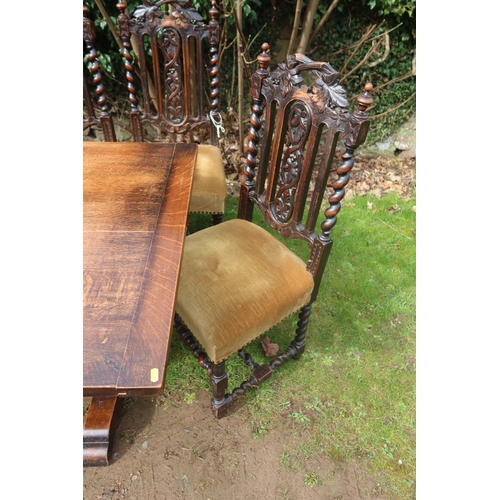 39 - An oak dining table, 72ins x 36ins, height 29ins, together with a set of six carved oak dining chair... 