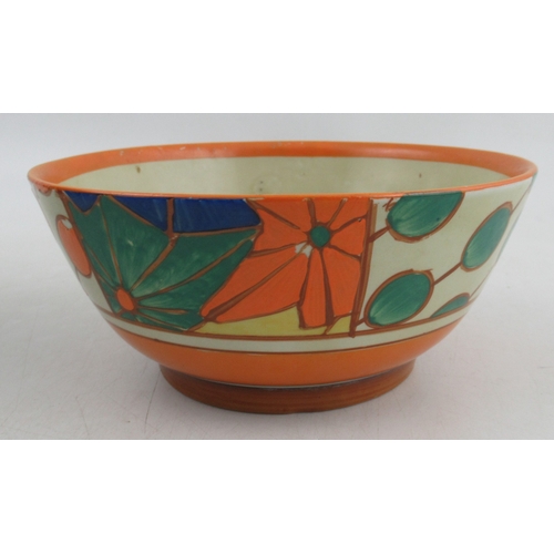 417 - A Clarice Cliff Fantasque bowl, decorated in the Umbrellas and Rain pattern, width 6.5ins