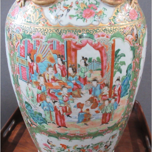 429 - A 19th century Chinese famille rose floor standing vase, with stand, having flared petal rim and dog... 