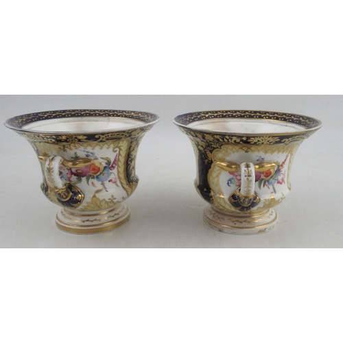 435 - A pair of 19th century porcelain Warwick vases, in the Derby style, painted with reserves of flowers... 