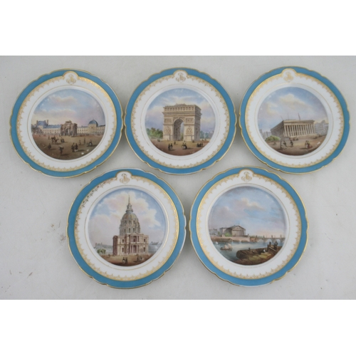 436 - A set of five 19th century porcelain plates, decorated with scenes of Paris, diameter 8.25ins