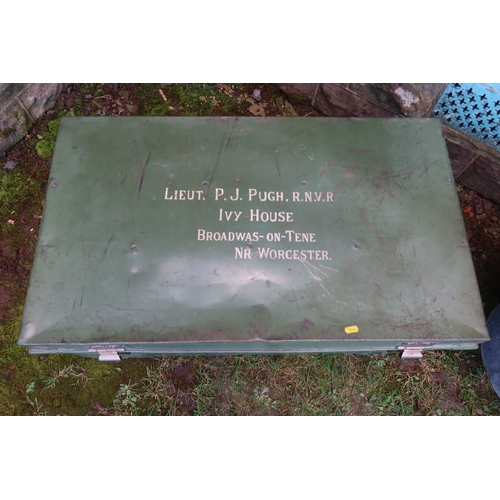 45 - A tin trunk, belonging to Lt P.J, Pugh RNVR Ivy House Broadwas-on-Teme Nr. Worcester, width 36ins