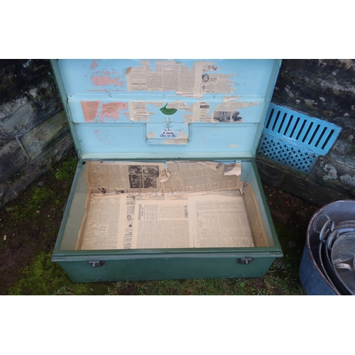 45 - A tin trunk, belonging to Lt P.J, Pugh RNVR Ivy House Broadwas-on-Teme Nr. Worcester, width 36ins