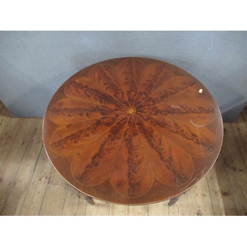 52 - A good Victorian Mahogany boxwood and ebony circular center table raised on turned legs , united by ... 