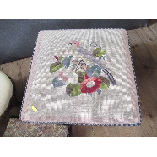 54 - A Victorian mahogany carved stool with needlework cover and two other small footstools, one oval and... 