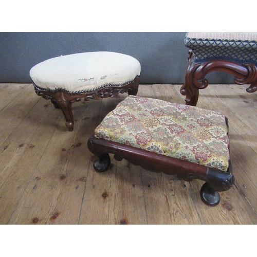 54 - A Victorian mahogany carved stool with needlework cover and two other small footstools, one oval and... 