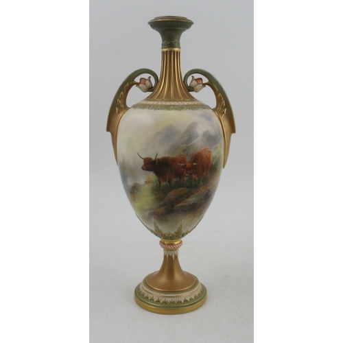 562 - A Royal Worcester pedestal vase, decorated with Highland cattle in landscape by John Stinton, shape ... 