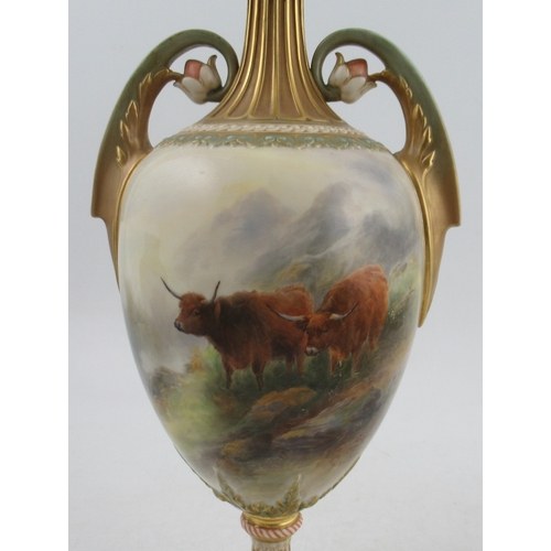 562 - A Royal Worcester pedestal vase, decorated with Highland cattle in landscape by John Stinton, shape ... 