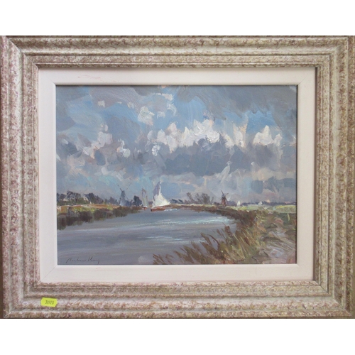 102 - Andrew King, oil on board, Sailing Boats Nr Thurne, 16ins x 12ins