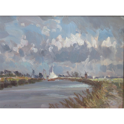 102 - Andrew King, oil on board, Sailing Boats Nr Thurne, 16ins x 12ins