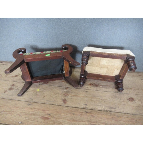 21 - Two 19th century foot stools, one with scroll handles, width 16ins, and 12ins