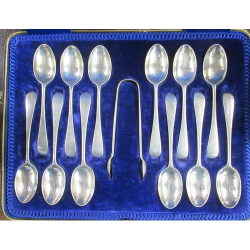 228 - A case set of 12 hallmarked silver spoons and a pair of sugar tongs