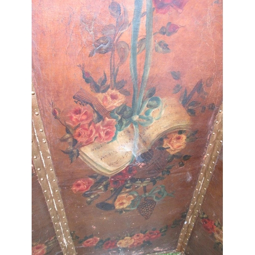 40 - A three fold screen decorated with ribbons,  floral sprays and script, af,