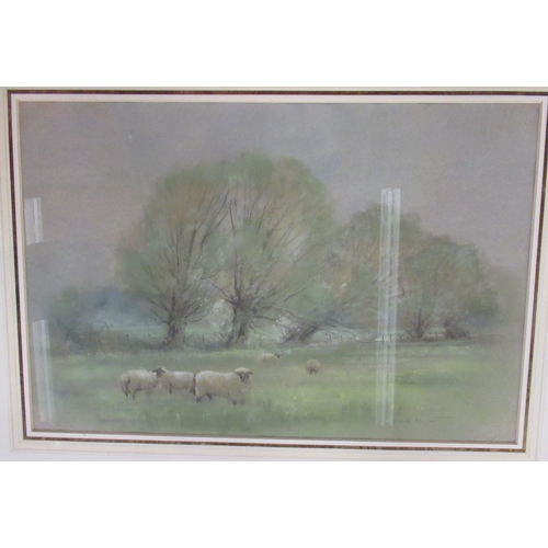 102 - Violet Lindsell, two watercolours, landscapes, together with David Mynett, watercolour, Suffolk Rams... 