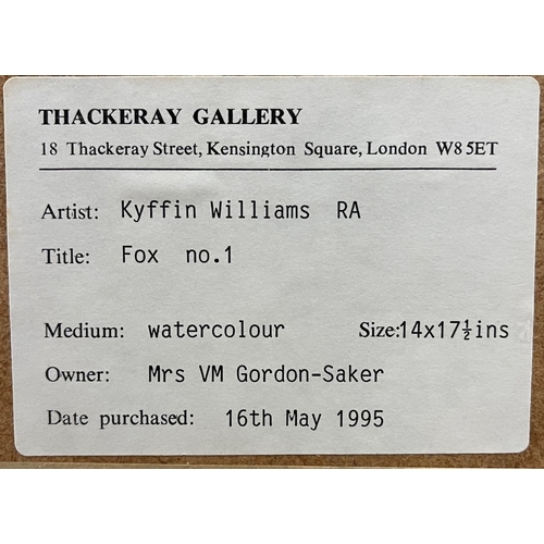 108 - Kyffin Williams, watercolour, study of a fox, monogrammed KW, bearing a label to the reverse, Thacke... 