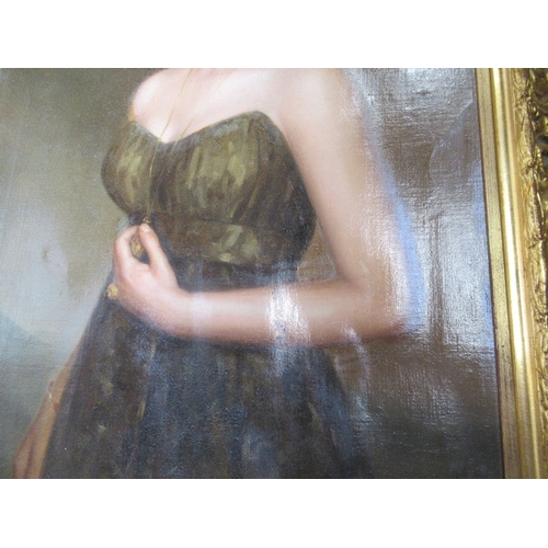 116 - A 20th century English school oil on canvas portrait of a lady wearing a ball gown indistinctly sign... 