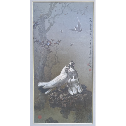 118 - Lee Man Fong, oil, doves in trees, signed with character marks and seal, 40ins x 20ins together with... 