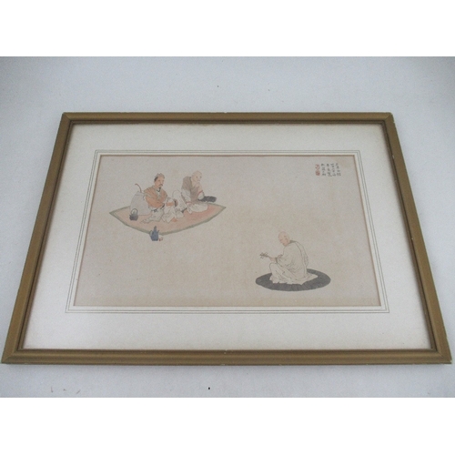 123 - Attributed to Su Liu  Peng, figure taking tea on a rug with another seated playing a string instrume... 