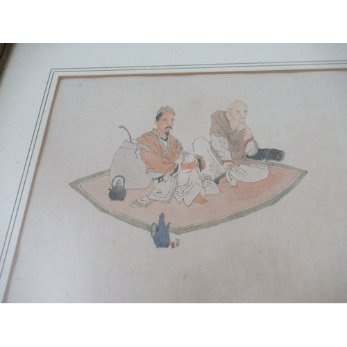 123 - Attributed to Su Liu  Peng, figure taking tea on a rug with another seated playing a string instrume... 