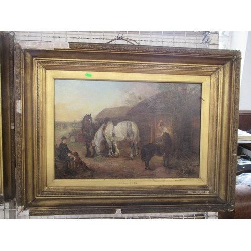 131 - E. F. Holt pair oil on canvas, Horses and  figures with haycart, Horses and figures outside the blac... 