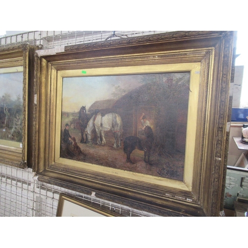 131 - E. F. Holt pair oil on canvas, Horses and  figures with haycart, Horses and figures outside the blac... 