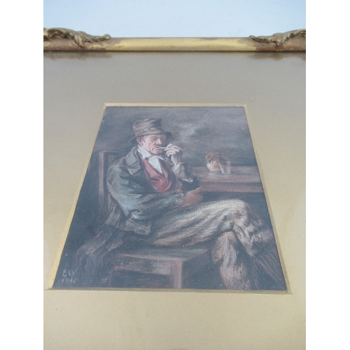 132 - An Antique oil on canvas, seated man smoking a clay pipe, monogrammed EW, dated 1917, 5ins x 4ins