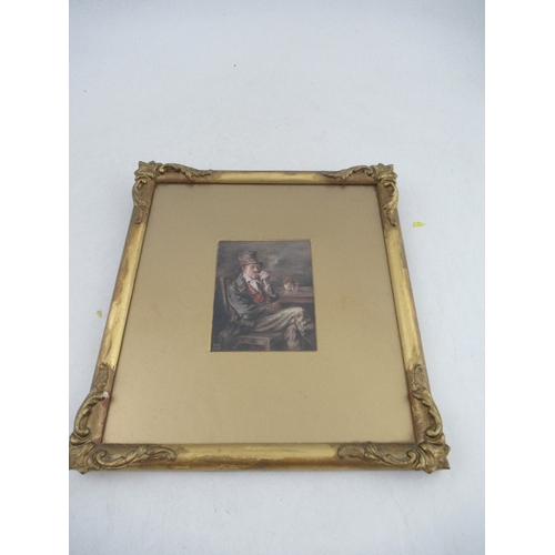 132 - An Antique oil on canvas, seated man smoking a clay pipe, monogrammed EW, dated 1917, 5ins x 4ins