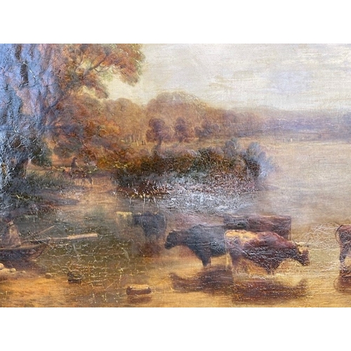 133 - Attributed to Boddington oil on canvas A River Landscape with figures and cattle watering 23ins x 28... 