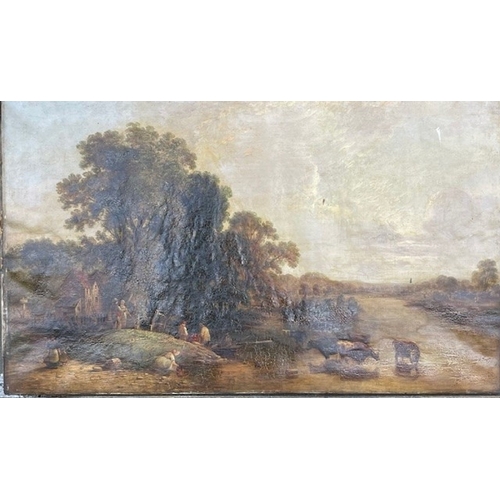 133 - Attributed to Boddington oil on canvas A River Landscape with figures and cattle watering 23ins x 28... 